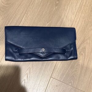 Tory Burch Navy Leather Envelope Clutch with Logo Strap